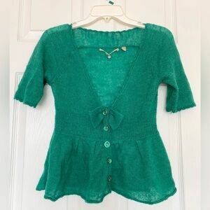 Anthropologie Knitted & Knotted Green Wool/Mohair Short Sleeve Cardigan